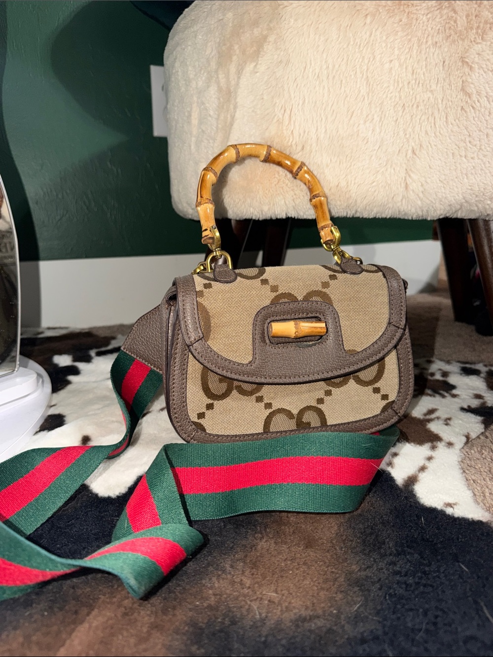Gucci Brown Monogram Crossbody with Bamboo Top Handle
